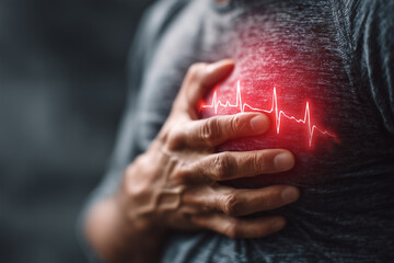 Experiencing chest pain, man hand clutches his chest, symbolizing possible heart issues. heartbeat line adds urgency to scene, highlighting health concerns