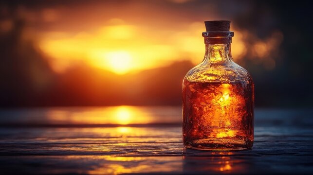 Golden Liquid in a Glass Bottle with Cork Stopper on Wooden Table at Sunset