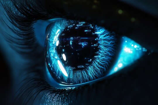 Cybernetic human eye with futuristic interface glowing in blue light, representing advanced vision technology and human-machine integration in a digital future