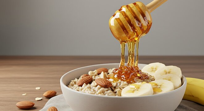 Pouring Honey Onto Oatmeal with Banana and Almonds