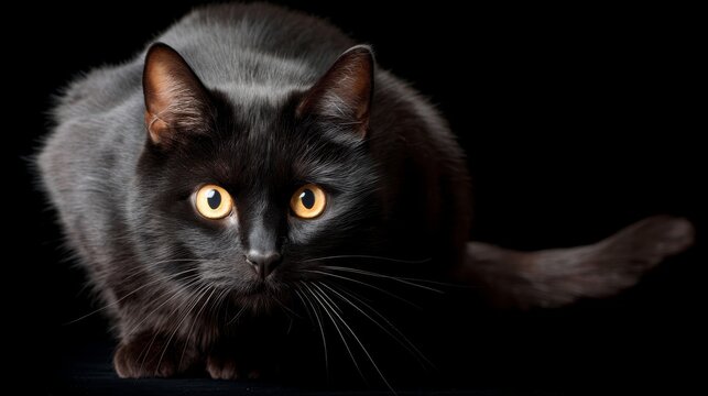 A black cat is poised low to the ground, ears flattened and tail twitching in anticipation. Its sharp claws extend while it focuses intently in the low light