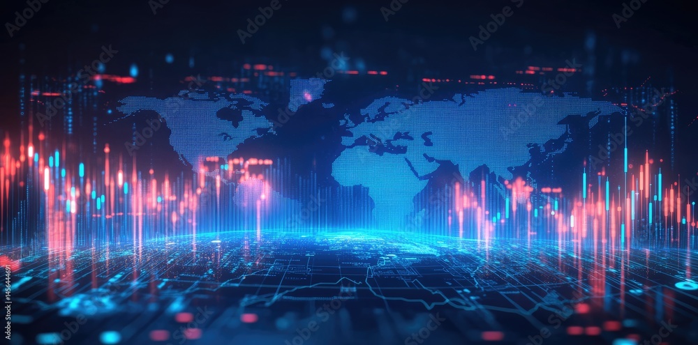 Poster futuristic digital landscape showcasing a glowing world map overlaid on vibrant data visualizations.