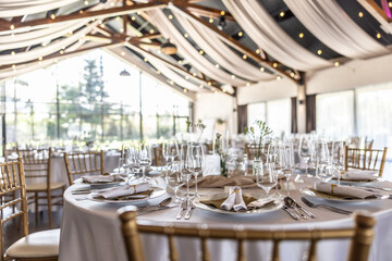 Wedding setting and decorated tables in a beautiful modern interior of a performance hall with a modern light ceiling of wooden construction
