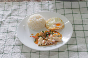 Kra Pao Talay, a Thai stir-fry with mixed seafood (shrimp and squid), holy basil, chili, and garlic, accompanied by a fried egg and a serving of white rice. Given the location context of Thailand.
