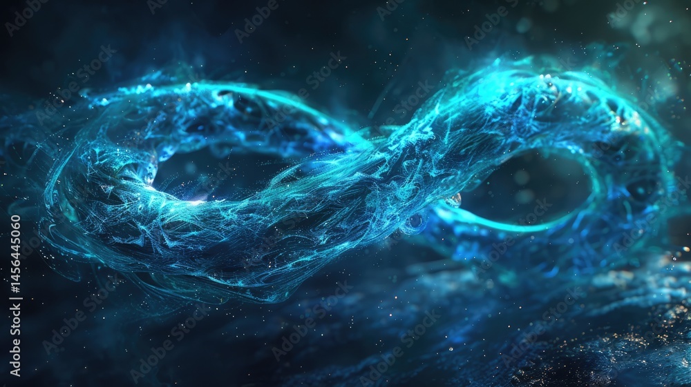 Poster abstract digital infinity loop made of light and particles. abstract artwork of infinity loop or num