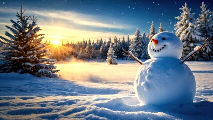 Obraz premium Charming Snowman Greeting Card Design for Winter Holidays, Festive and Cheerful Seasonal Imagery, Perfect for Christmas, New Year, and Winter Celebrations, Snowy Background, Holiday Spirit
