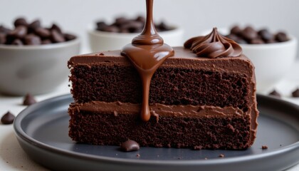 Indulging in decadent chocolate cake home kitchen food photography cozy atmosphere close-up view dessert delight