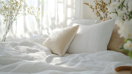 A serene bedroom interior, bathed in soft sunlight.