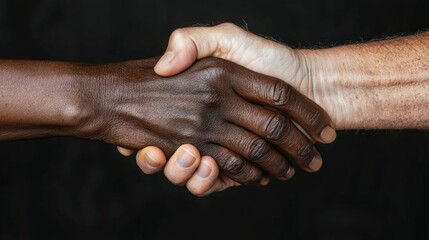 Fototapeta premium Two hands shaking, showing interracial friendship and collaboration