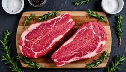 Fototapeta premium Preparing fresh ribeye steak kitchen food photography cozy setting top view culinary art