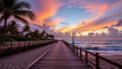 Obraz premium Sunset stroll on scenic pier beachfront paradise landscape photography tropical oasis serene view tranquility