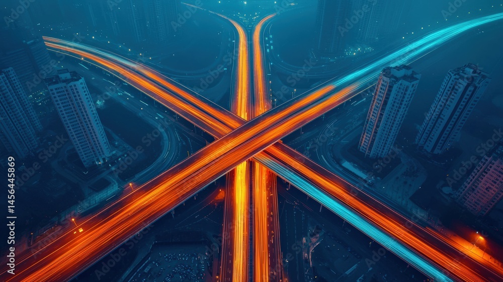 Poster futuristic highway interchange at night with vibrant light trails symbolizing data flow