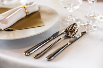 Cutlery Silver-plated cutlery set with intricate designs, elegantly placed on a festive table setting, enhancing the dining experience