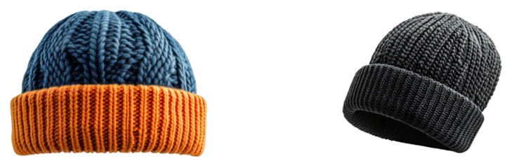 Two knit beanies, cold weather headwear apparel, cut out transparent