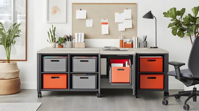 Modern workspace with adaptable storage units.