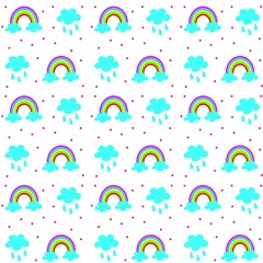 Cute seamless pattern of rainbows, clouds, and raindrops on a white background. Weather seamless pattern for baby or kids textile design, print, wallpaper