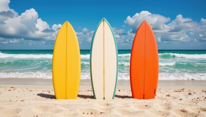 Surfing adventure with colorful boards at the beach sunny day vibrant ocean view fun lifestyle