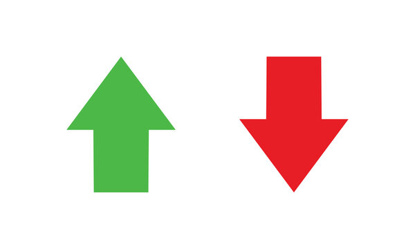 Simple vector illustration of a green upward arrow and a red downward arrow on a white background, symbolizing increase and decrease, trends, or performance shifts.