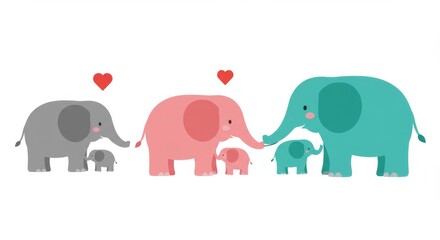 Fototapeta premium Charming vector illustration depicting three families of colorful elephants