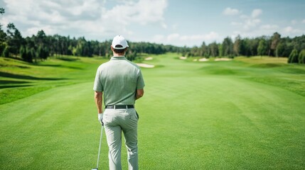 Golfer walking on lush green golf course on sunny day