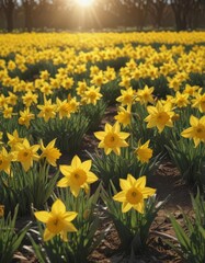 Obraz premium Sunlit field of vibrant yellow daffodils in full bloom , yellow flowers, bright, meadow