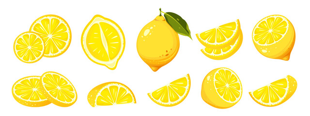 Set of lemons. Whole, halved, sliced ​​lemon. Ripe citrus fruit. Vector illustration isolated on white background.