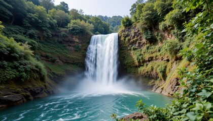 Obraz premium Majestic waterfall cascading into tranquil pool lush forest surrounding nature photography serene environment aerial view