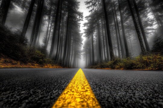 Misty forest road with yellow line.  Dark, tall trees line a paved road, a yellow line center. Foggy, mysterious