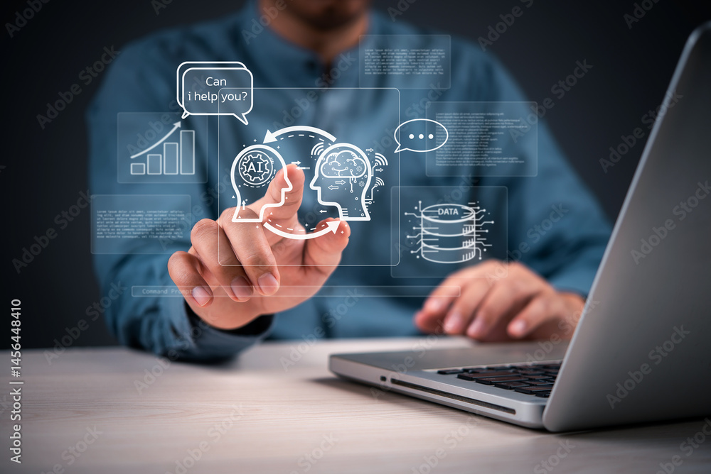 Poster futuristic ai assistant concept with digital brain, chatbot, and data storage icons. businessman int