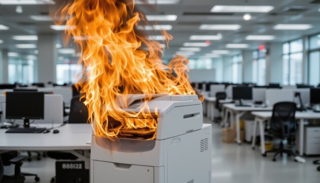 Office fire incident printer igniting flames modern workspace photography indoor close-up safety awareness