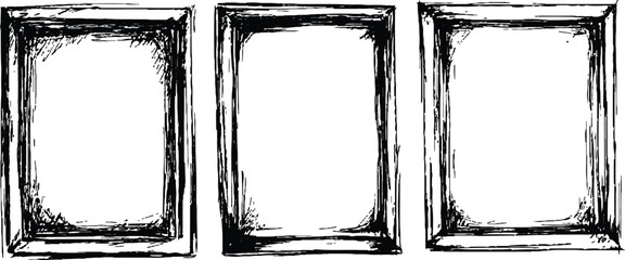 Three black framed white on a transparent background. A collection of three empty picture frames in black colors transparent white background. 
Set of picture frames, isolated on white background.