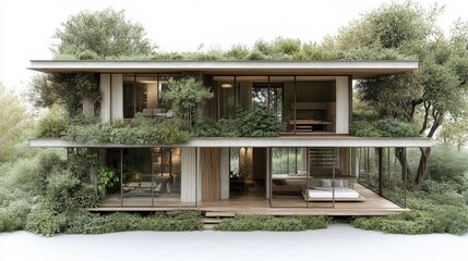 Fototapeta premium Modern eco house design surrounded by lush greenery integrates a