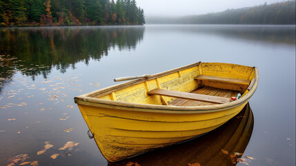 Obraz premium A serene yellow wooden rowboat on a tranquil autumn lake