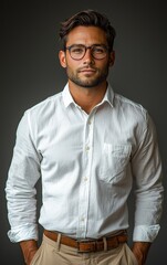 Obraz premium Confident man in white shirt and glasses against dark background