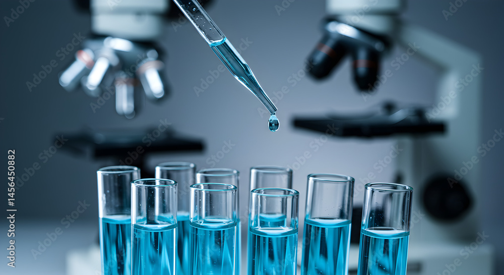 Poster laboratory setting with blue liquid in test tubes and microscope in background