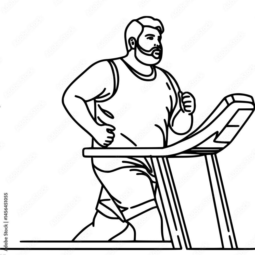 Poster aged man with beard and overweight running on treadmill in minimalistic line art style, vector one l