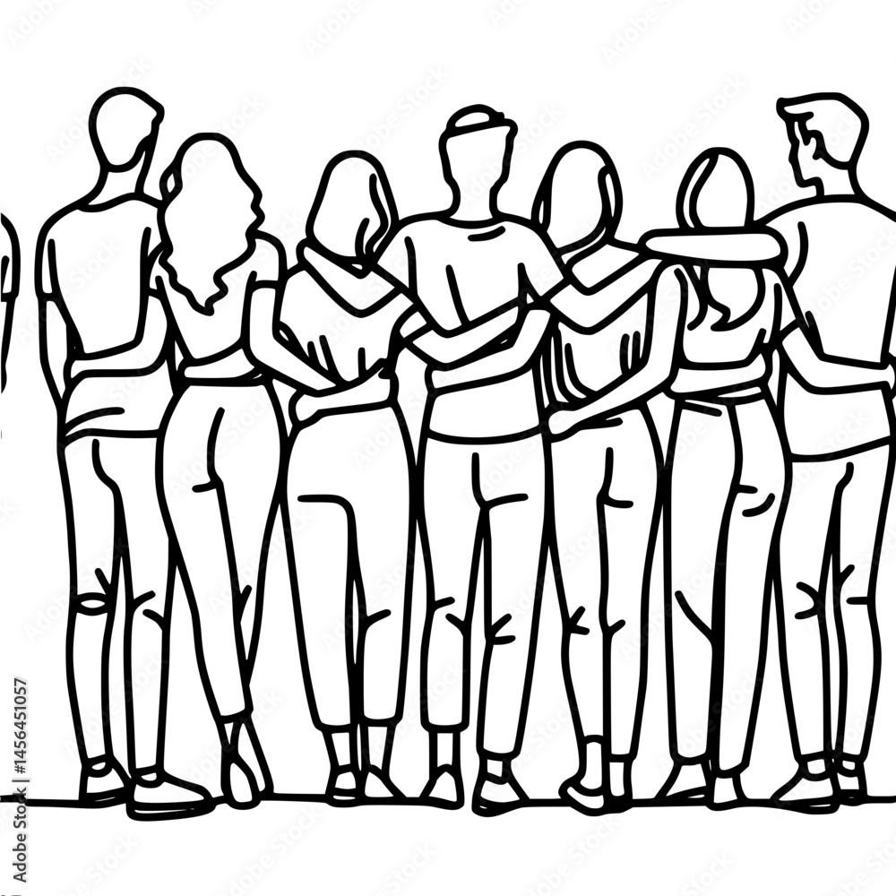 Aufkleber group of friends in trousers standing with backs hugging together in unity on plain background, vect