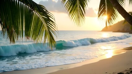 Tropical Beach with Palm Leaves, Sea Waves and Golden Sunset Light