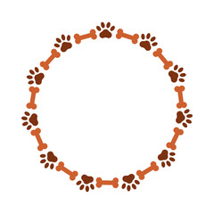 Round frame with dog paws and bones in brown colors. Pet friendly vector design for animal lovers. Isolated decorative element for pet shop and veterinary, banners, posters