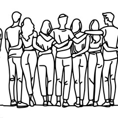 Group of friends in trousers standing with backs hugging together in unity on plain background, vector outline of one line