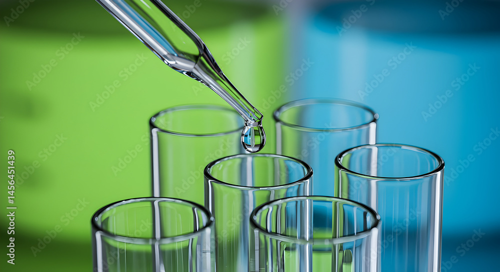 Poster liquid drop falling from pipette into test tubes with green and blue background in a laboratory sett