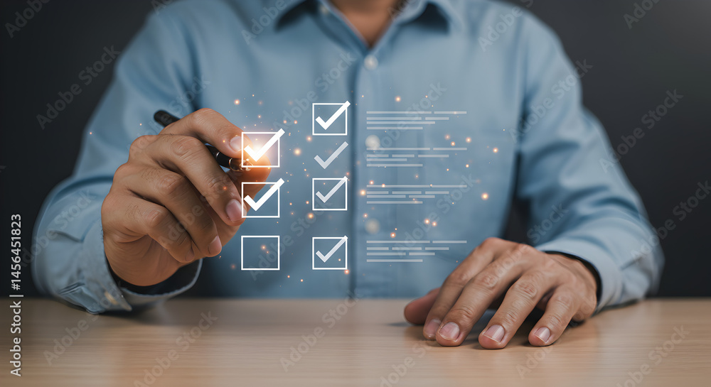 Poster man completing digital checklist with pen on wooden table against dark background task completion an