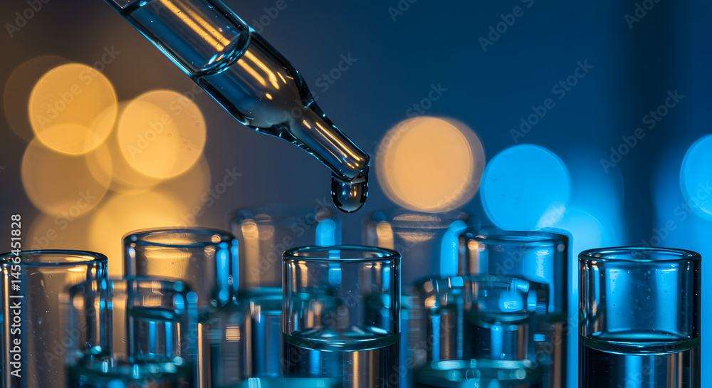 Poster macro view of pipette dripping liquid into test tubes with bokeh lights background