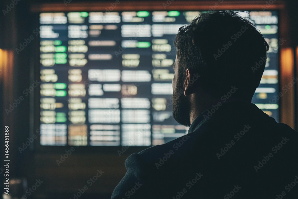 Poster man watching a large screen displaying data at night