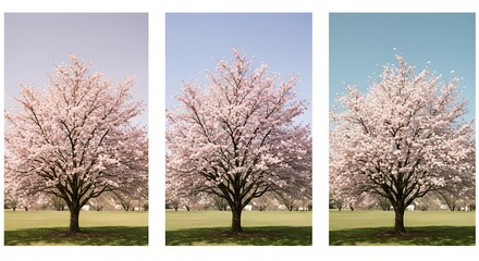 Serene spring blossoming with cherry trees under varied sky hues panorama
