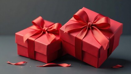 Fototapeta premium Elegant red ribbon tied gift boxes, gold accents, sparkle, background, repeat