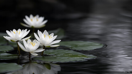 Elegant White Flowers on Dark Water in Tranquil Setting
