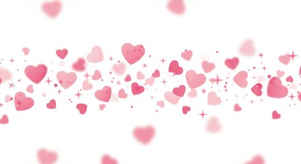 Floating pink hearts and starbursts on white background for love concept