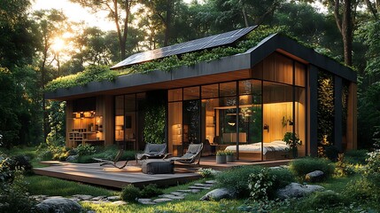 Fototapeta premium Glass and concrete eco-home among dense forest high resolution image