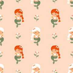 Colorful seamless pattern with cute little mermaid characters and flowers. Playful vector illustration in soft pastel colors. Perfect for children's decor, wallpaper, apparel